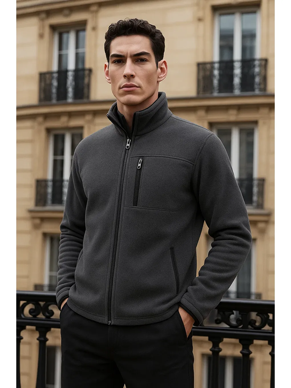 Gri Erkek Kışlık Basic Fermuarlı Cepli Füme Polar Hırka