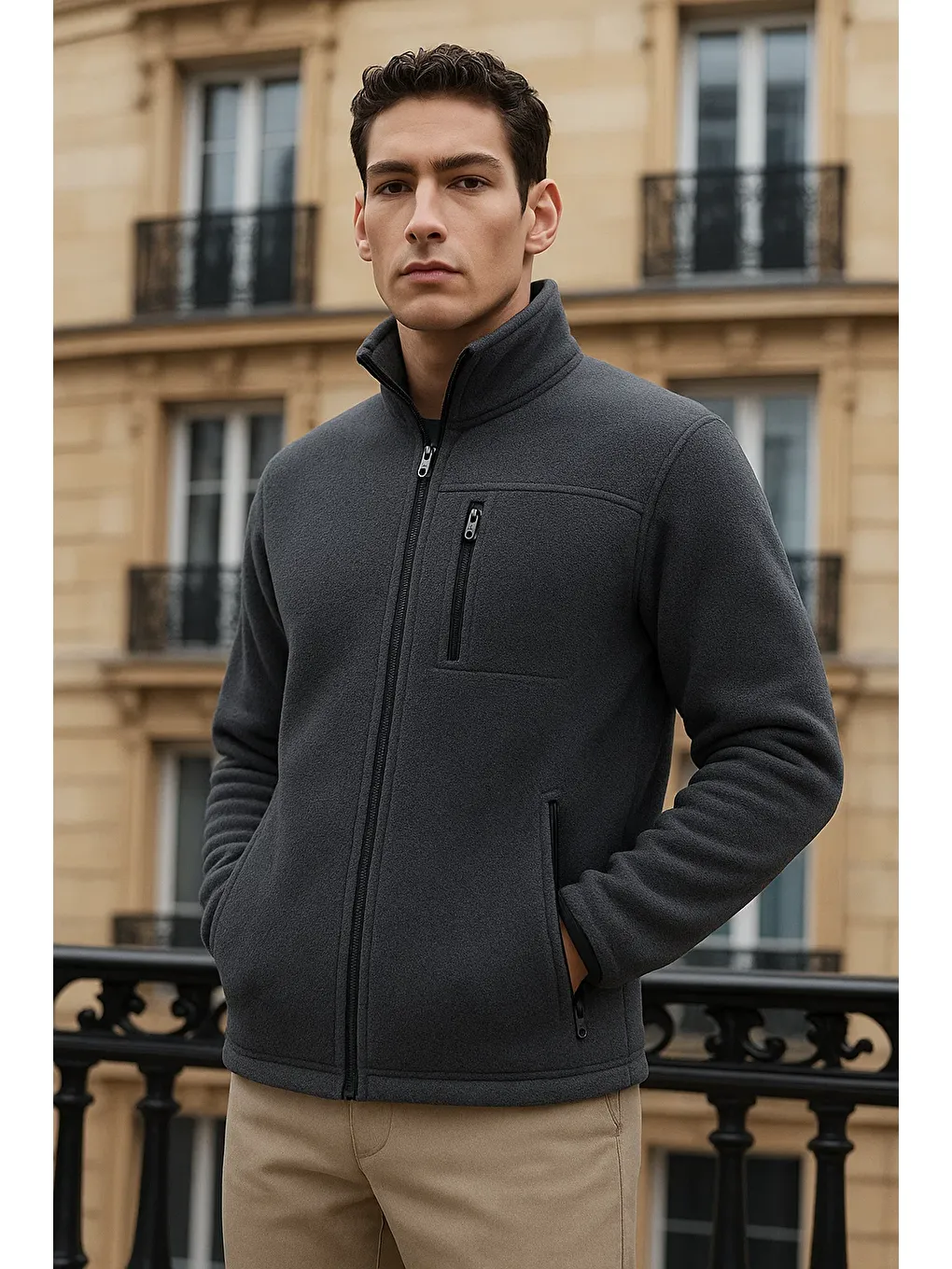 Gri Erkek Kışlık Basic Fermuarlı Cepli Füme Polar Hırka-1