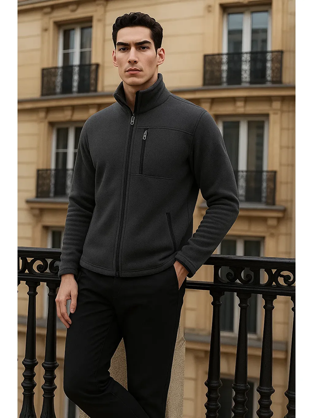Gri Erkek Kışlık Basic Fermuarlı Cepli Füme Polar Hırka-2