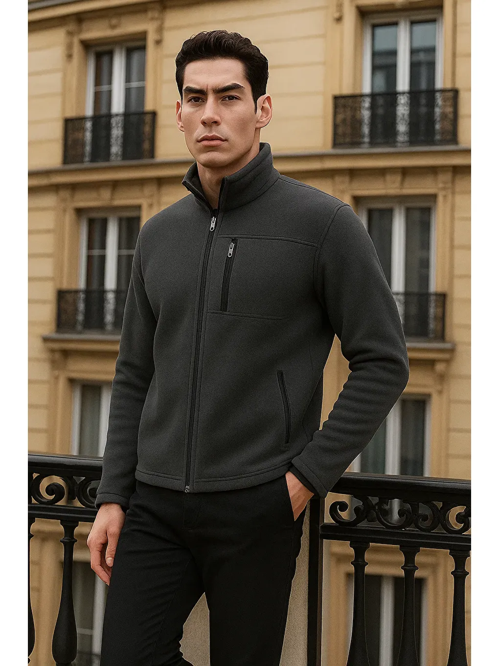 Gri Erkek Kışlık Basic Fermuarlı Cepli Füme Polar Hırka-3