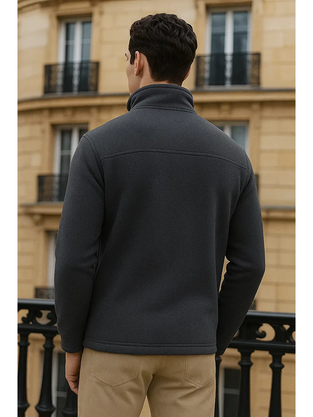 Gri Erkek Kışlık Basic Fermuarlı Cepli Füme Polar Hırka-4