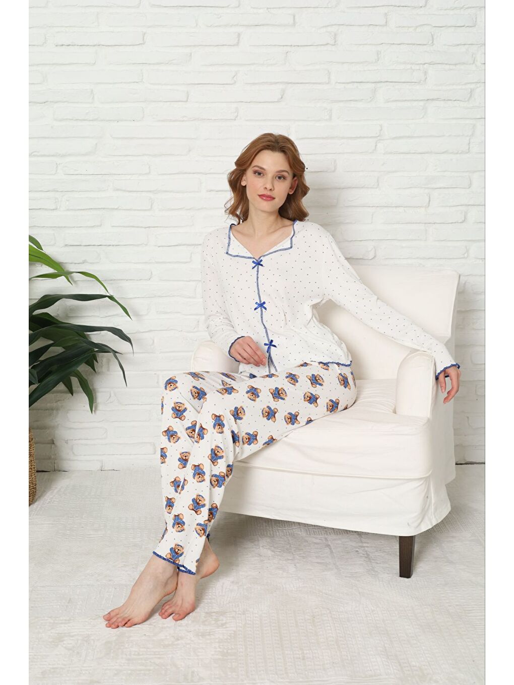 Mavi Kadın Fiyonk Detaylı Yüksek Kaliteli Yumuşak Fitilli Uzun Kollu Pijama Takımı