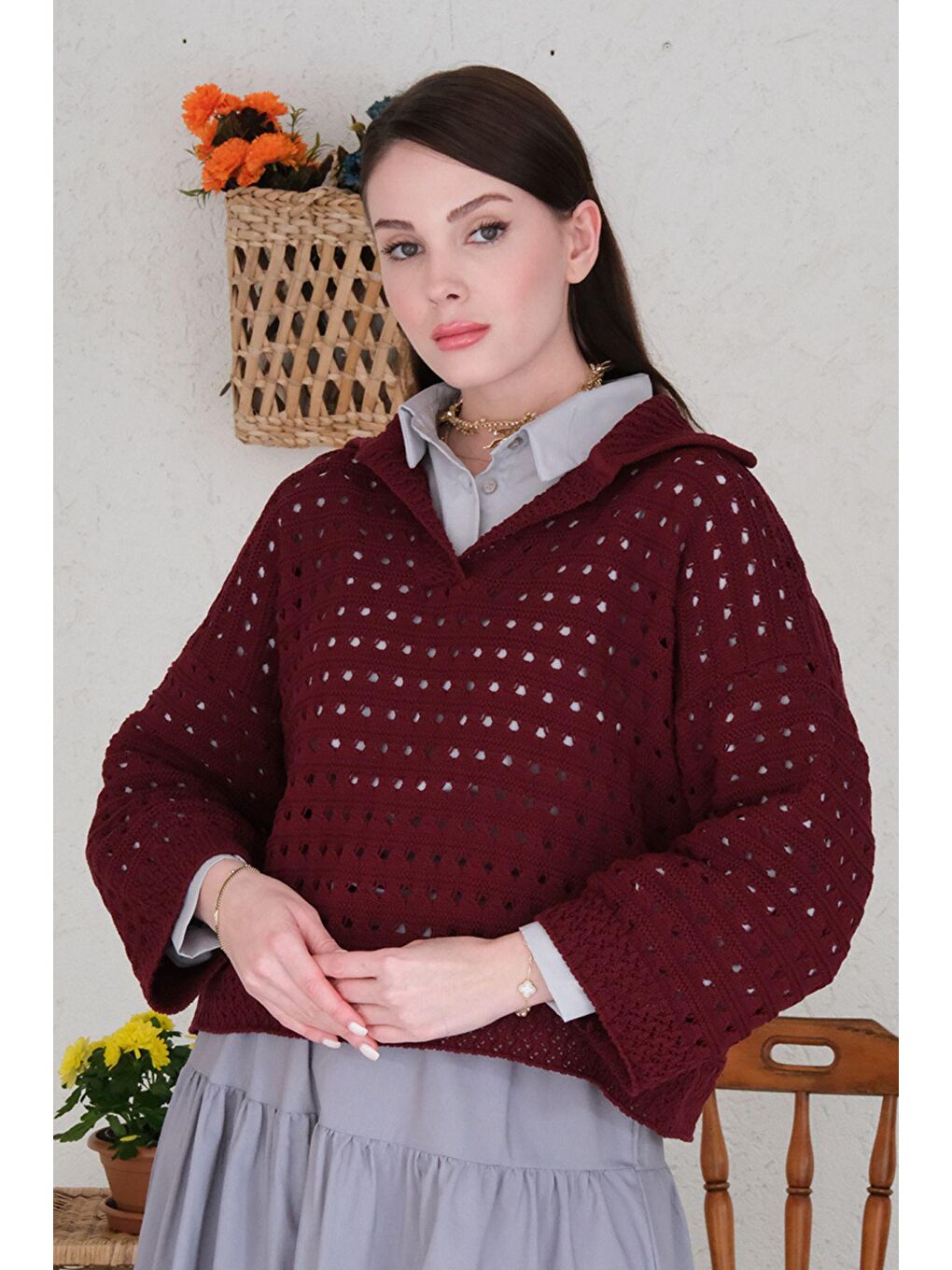 Bordo Ajurlu V Yaka Triko-1