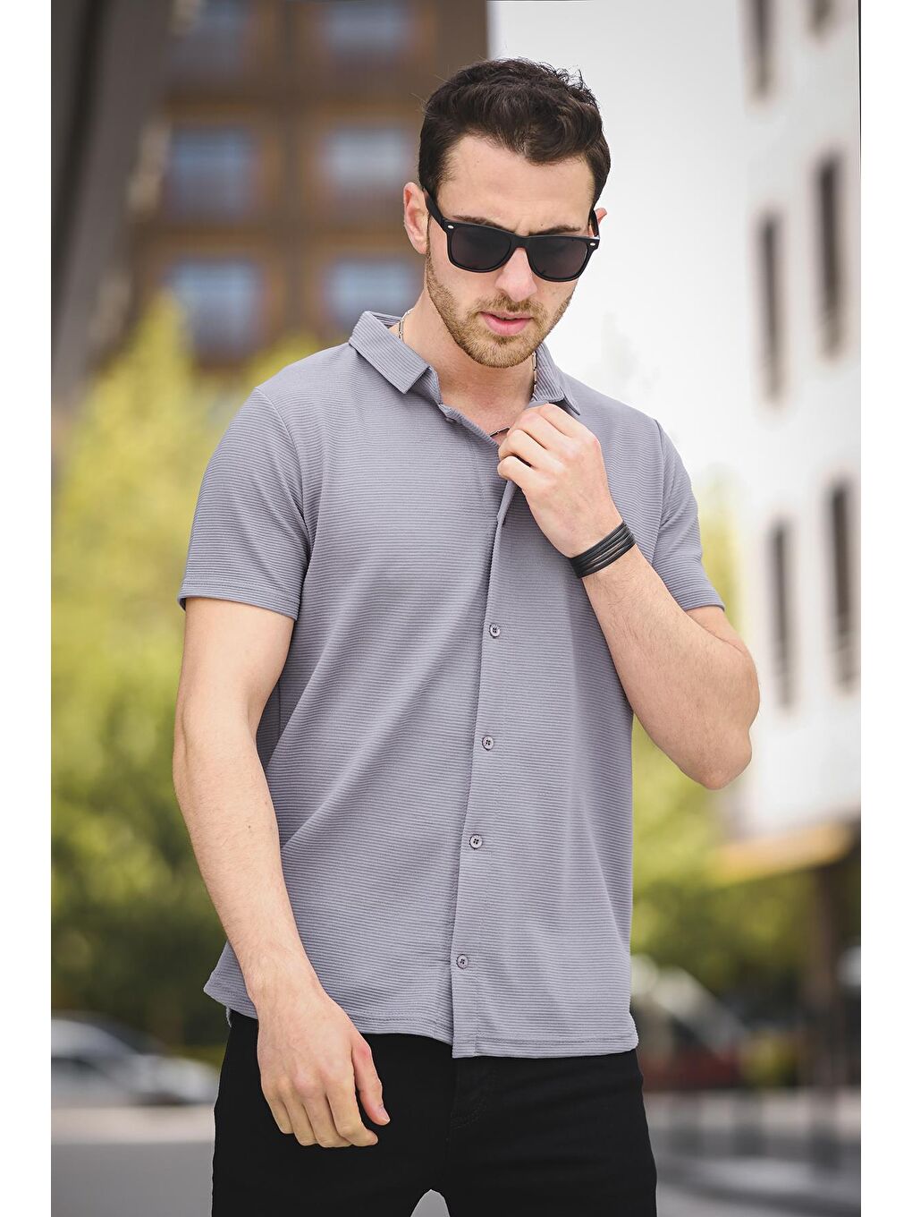 Antrasit Corky Ottoman Kumaş Slim Kısa Kol Gömlek Yaka Erkek Gömlek