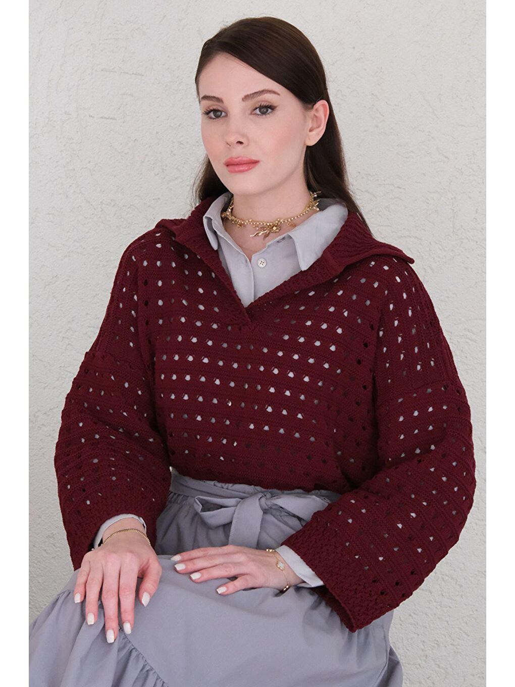 Bordo Ajurlu V Yaka Triko-2