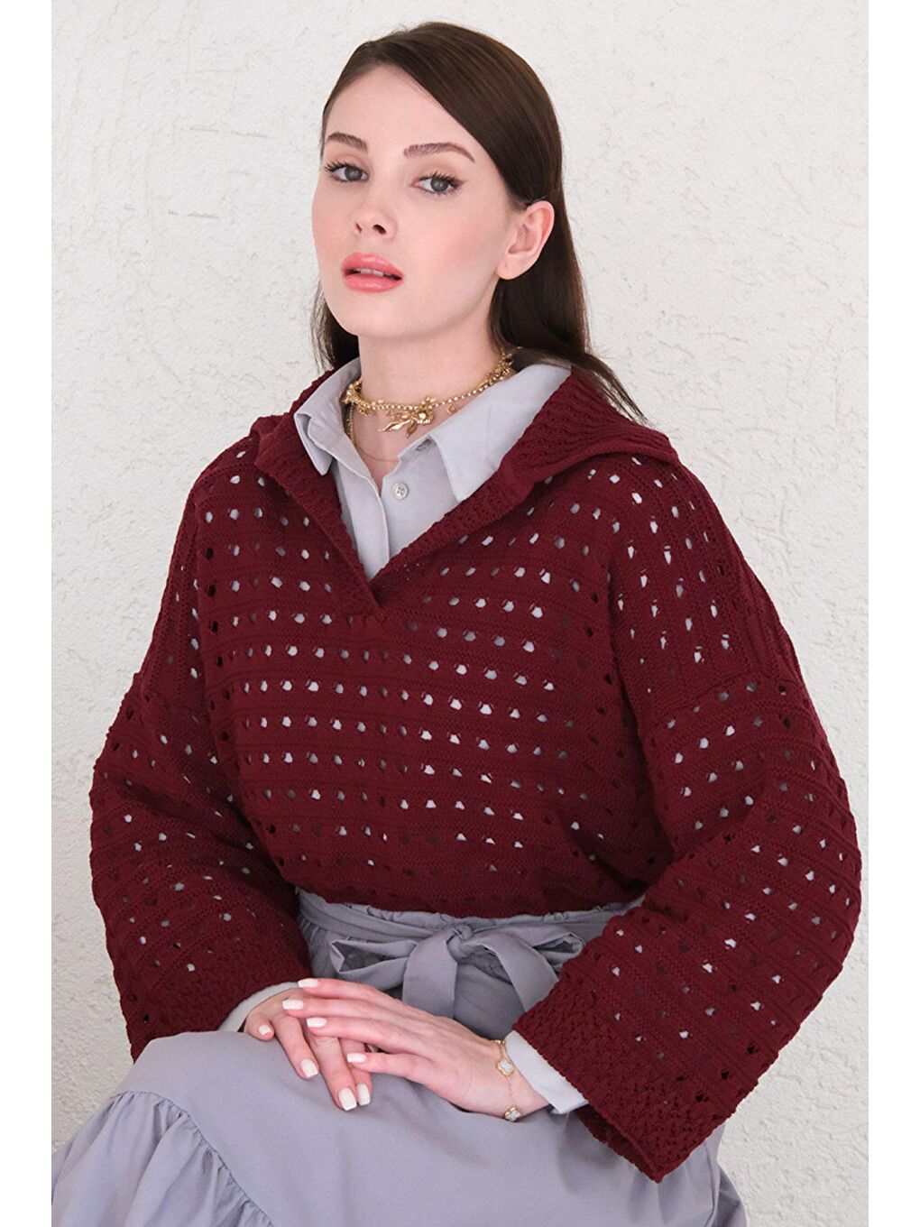 Bordo Ajurlu V Yaka Triko-3