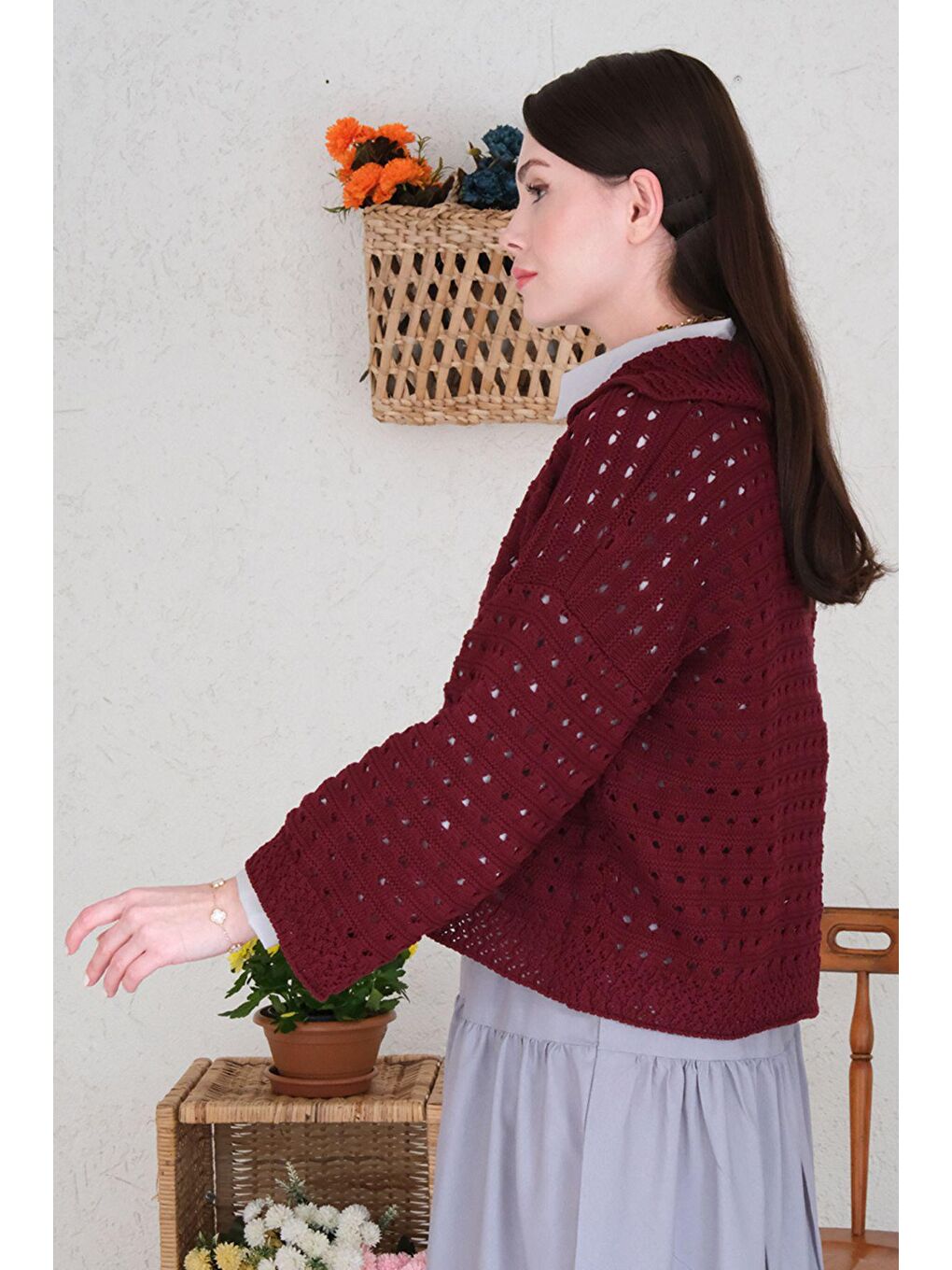 Bordo Ajurlu V Yaka Triko-4