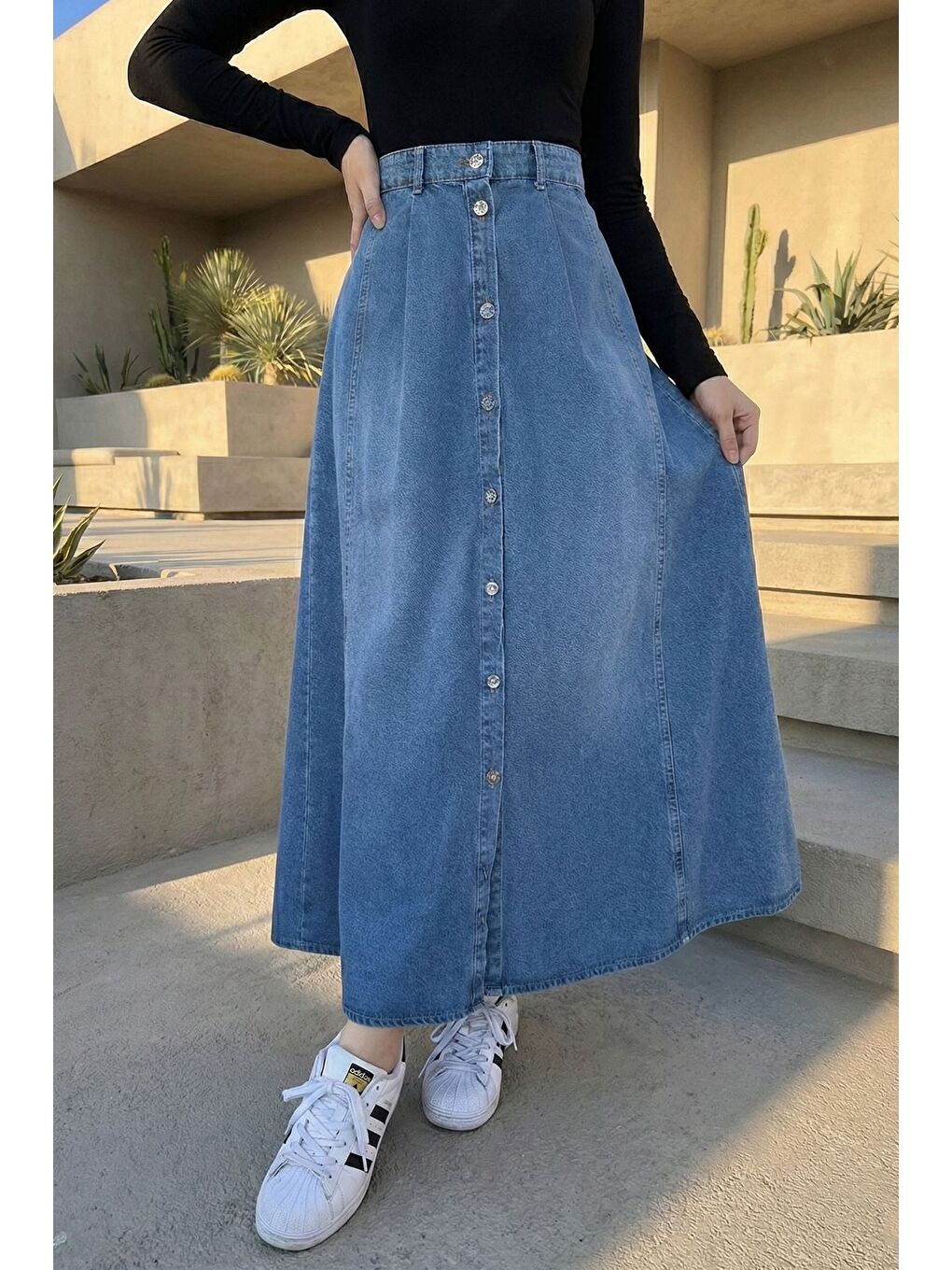 Mavi Tesettür Boydan Düğmeli Pileli Jean Jean Etek-5