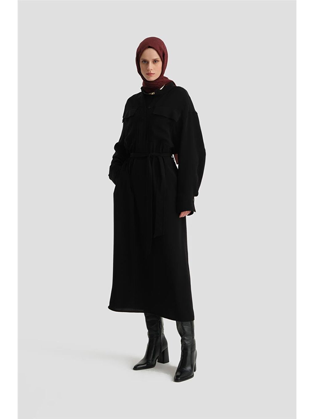 Kapaklı Cepli Elbise Ort9925 Siyah-1