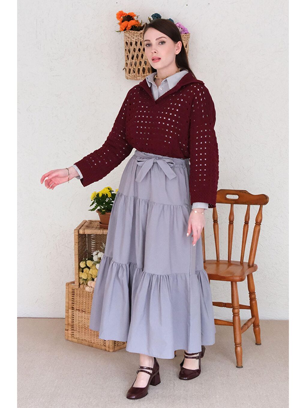 Bordo Ajurlu V Yaka Triko-5