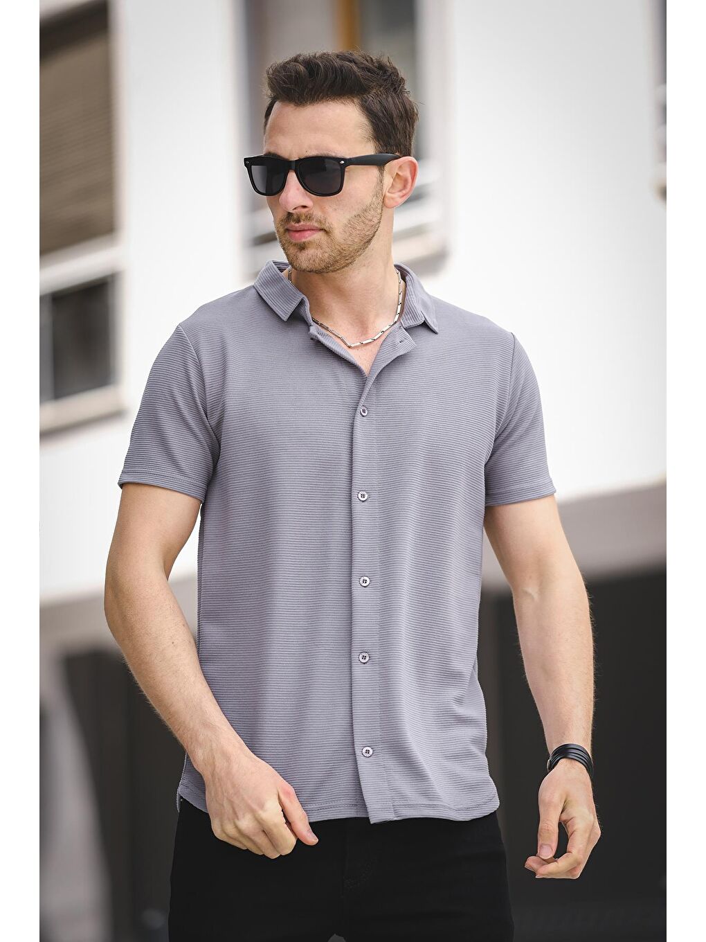 Antrasit Corky Ottoman Kumaş Slim Kısa Kol Gömlek Yaka Erkek Gömlek-1