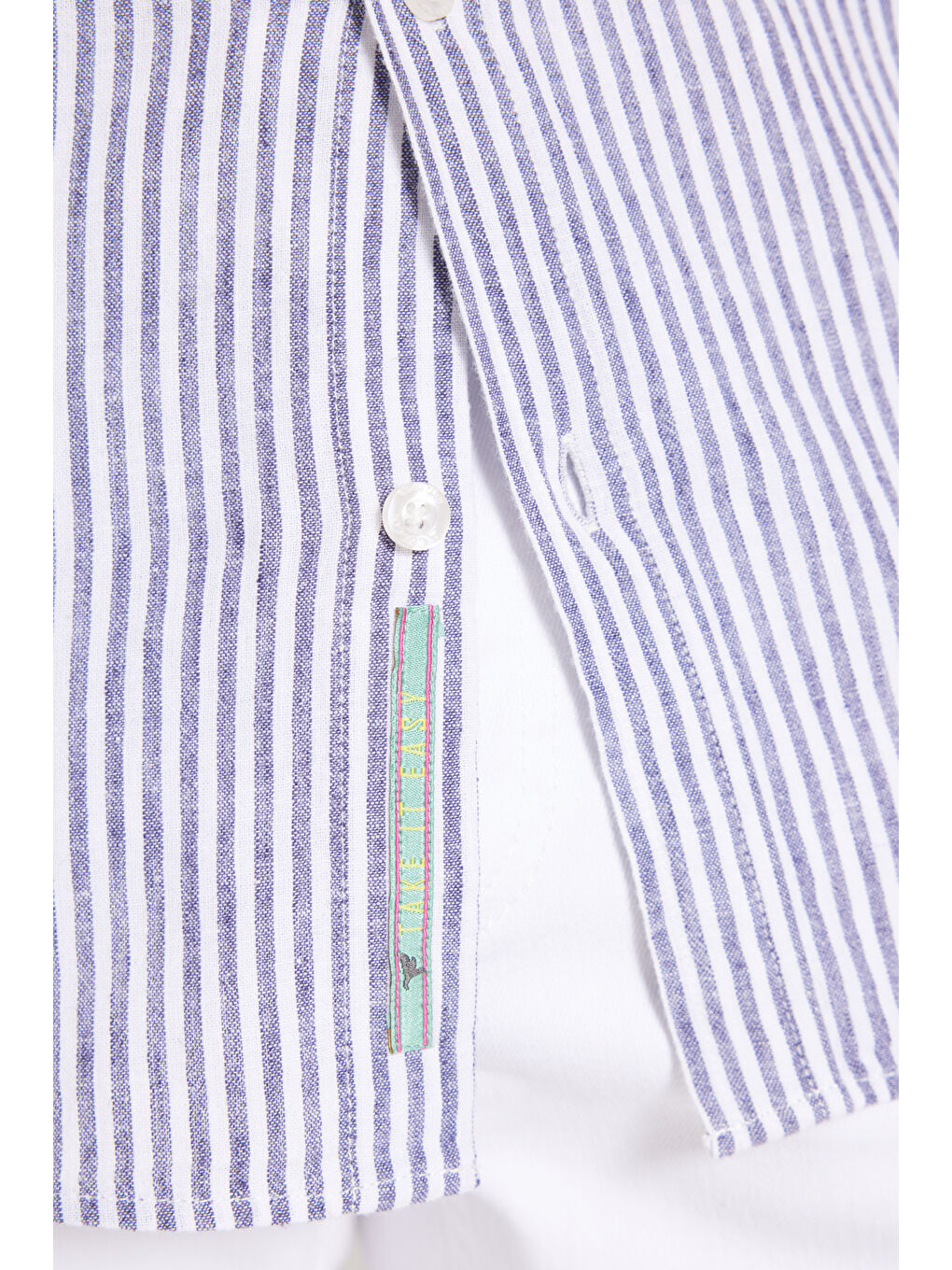 Erkek Lacivert-Beyaz Keten Comfort Fit Rahat Kesim Klasik Yaka Çizgili Gömlek-4