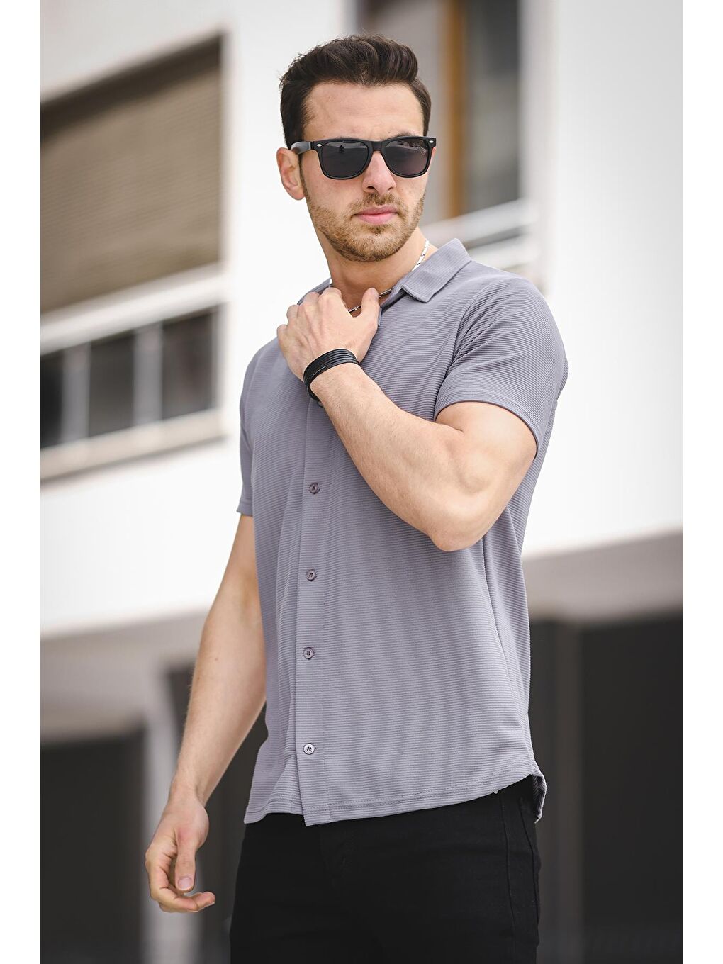 Antrasit Corky Ottoman Kumaş Slim Kısa Kol Gömlek Yaka Erkek Gömlek-2