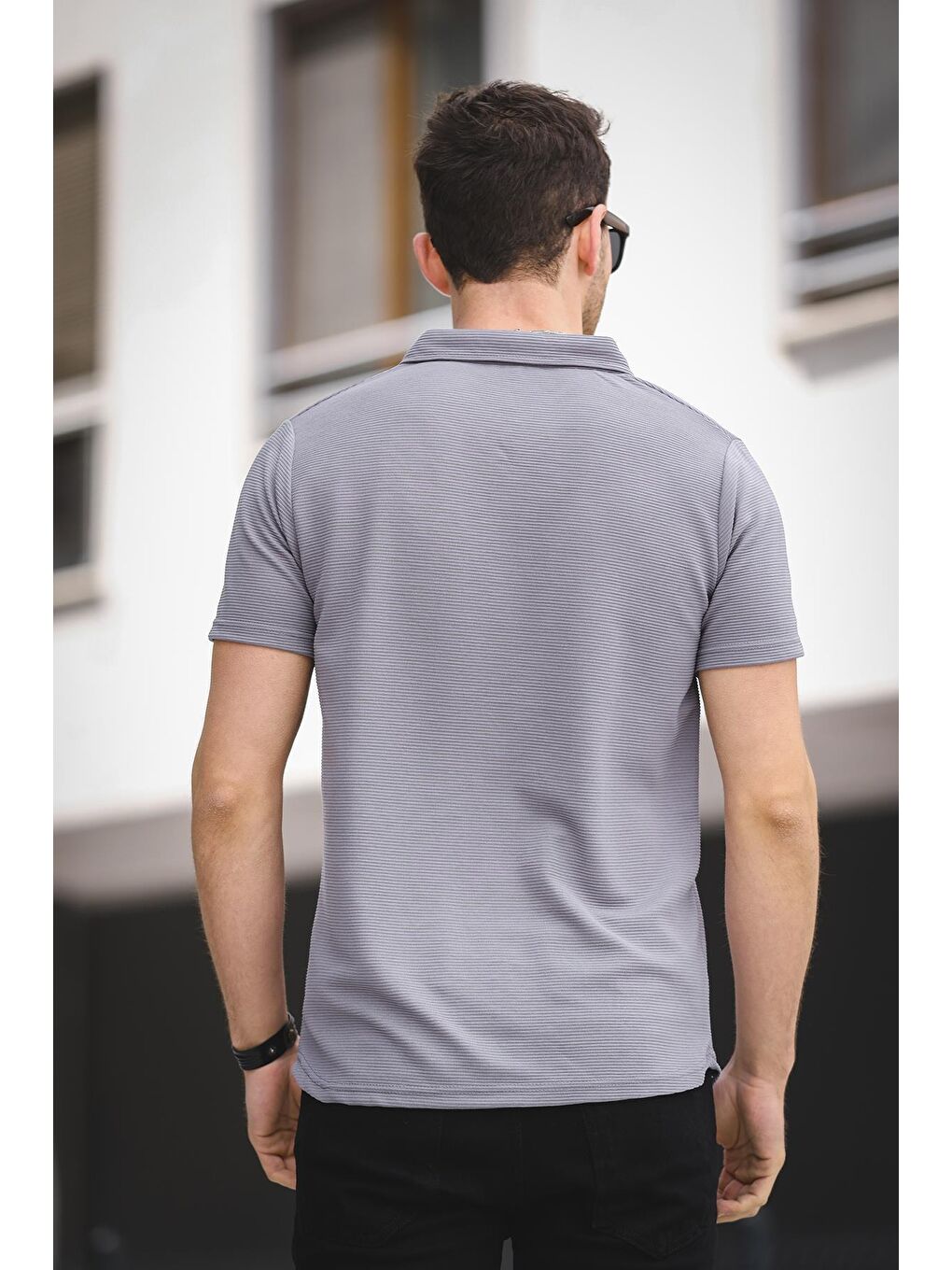 Antrasit Corky Ottoman Kumaş Slim Kısa Kol Gömlek Yaka Erkek Gömlek-3