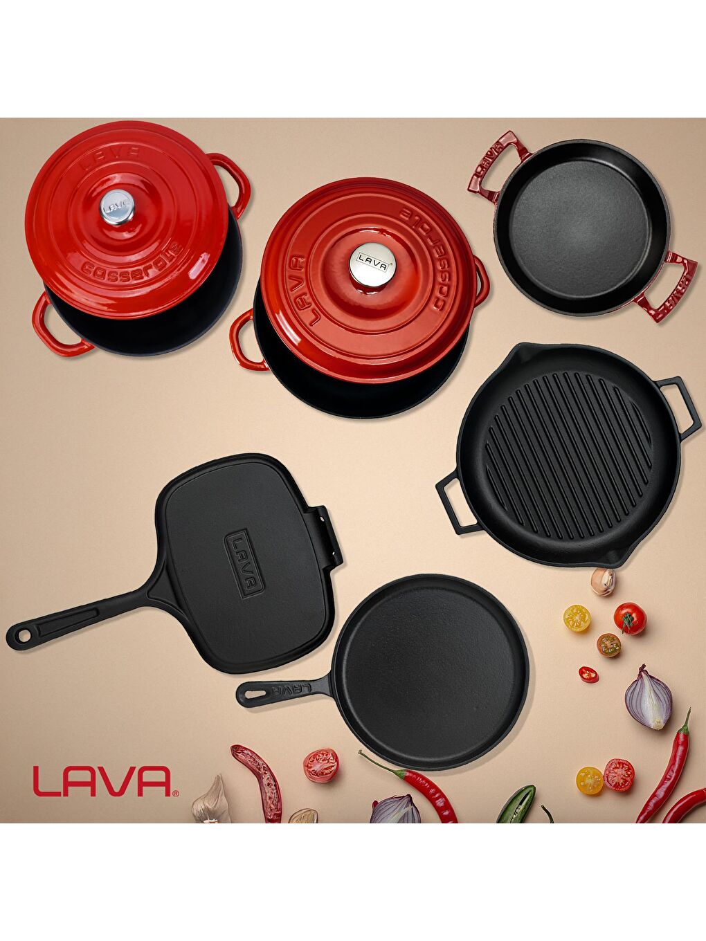 LAVA Kirmizi Döküm 6x Trendy Serisi 9 Parça Tencere & Tava Seti - 1