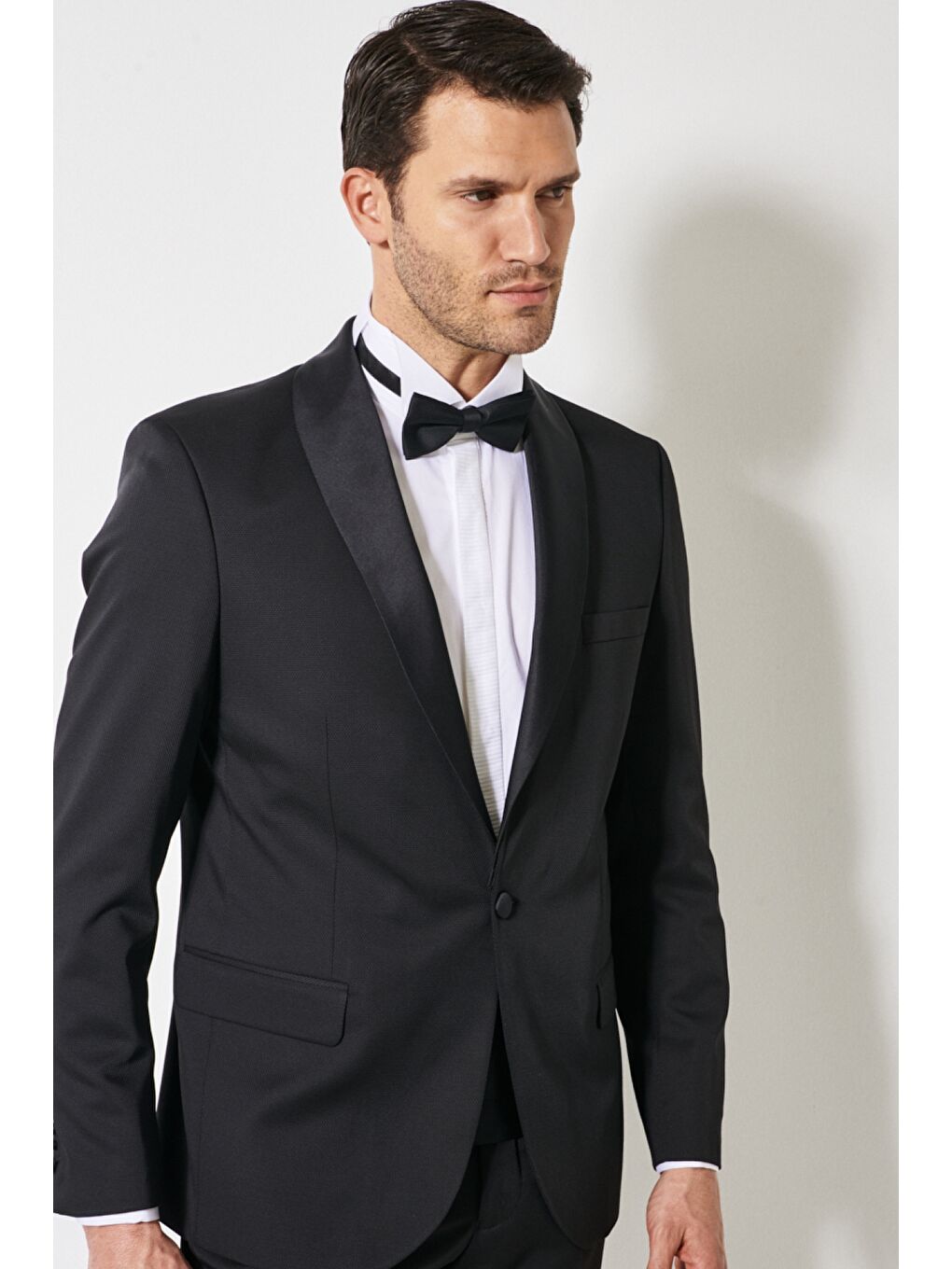 Erkek Siyah Ekstra Slim Fit Dar Kesim Şal Yaka Desenli Damatlık Smokin Takımı-3