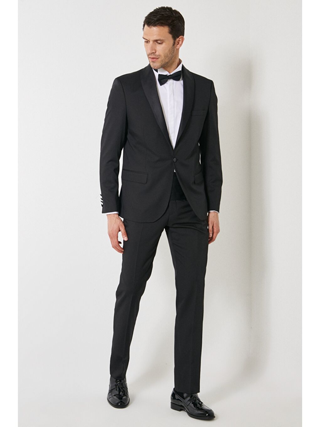 Erkek Siyah Ekstra Slim Fit Dar Kesim Şal Yaka Desenli Damatlık Smokin Takımı-4