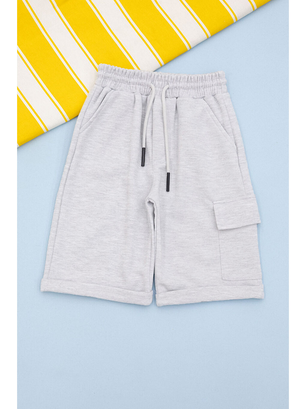 Açık Gri Beli Lastikli Jogger Kumaş Tek Kargo Cepli Erkek Çocuk Şort 21173
