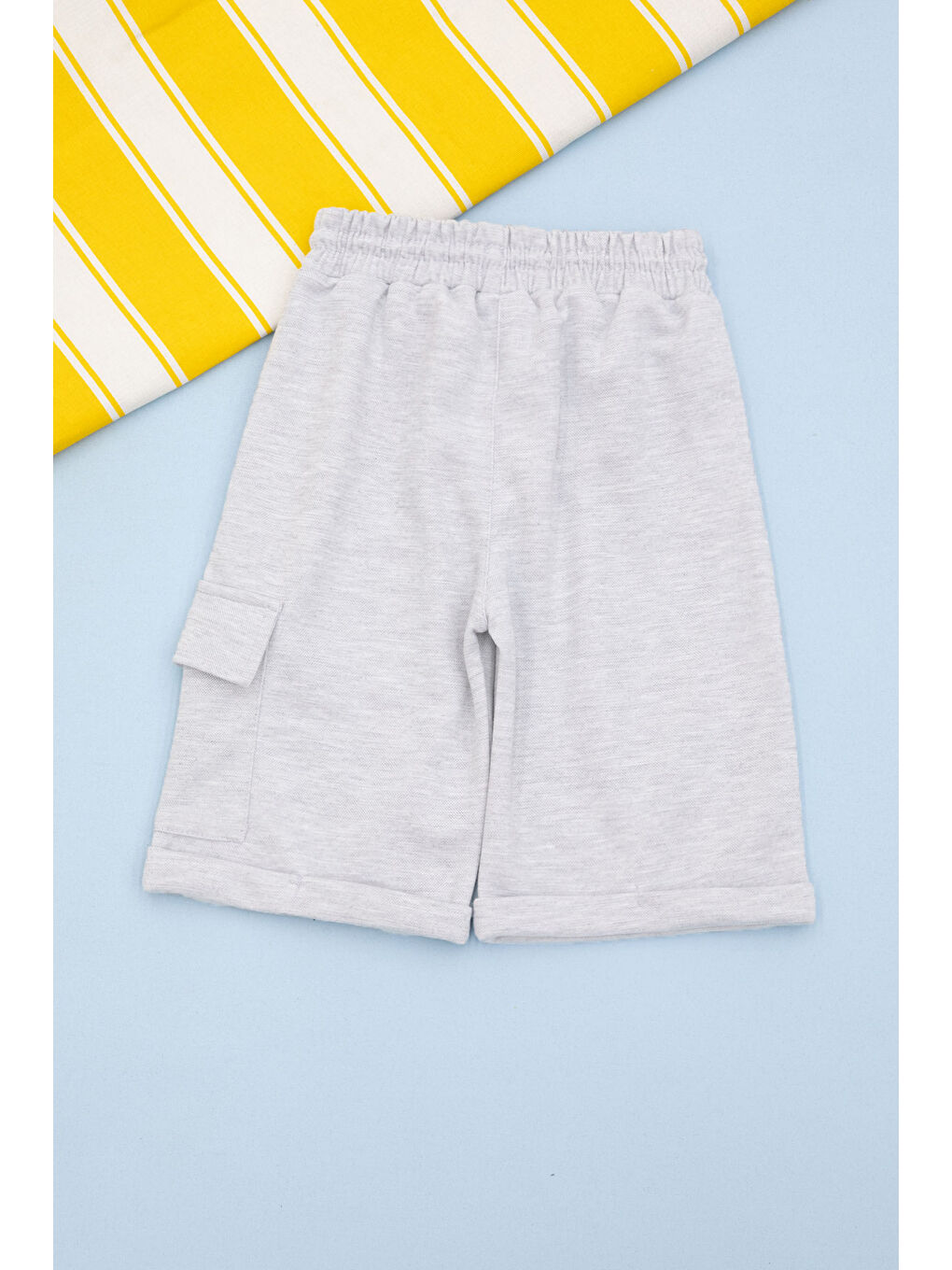 Açık Gri Beli Lastikli Jogger Kumaş Tek Kargo Cepli Erkek Çocuk Şort 21173-1