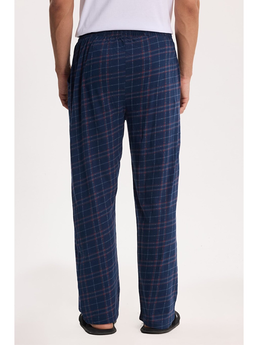 Erkek Standart Fit Normal Kesim Pamuklu Kareli Beli Bağcıklı Cepli Lacivert Pijama Altı-5