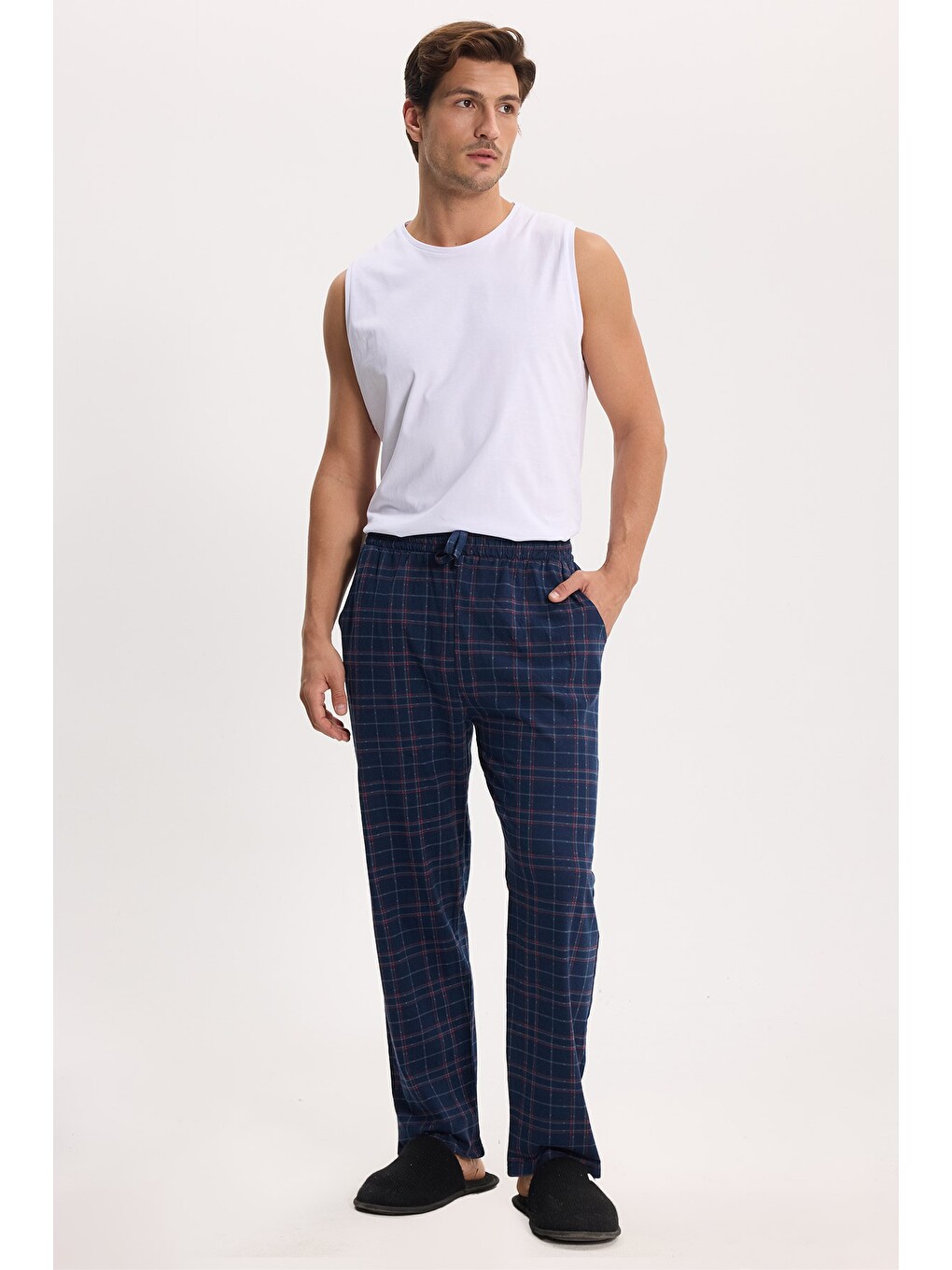 Erkek Standart Fit Normal Kesim Pamuklu Kareli Beli Bağcıklı Cepli Lacivert Pijama Altı-6