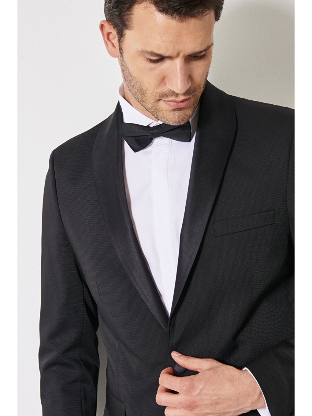 Erkek Siyah Ekstra Slim Fit Dar Kesim Şal Yaka Desenli Damatlık Smokin Takımı-5