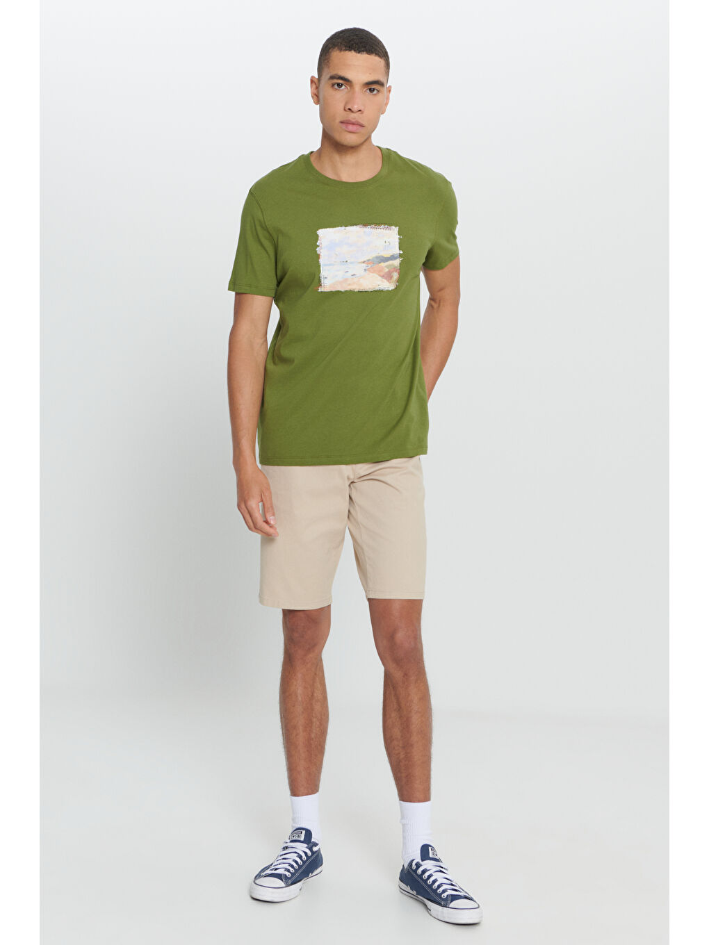 Erkek Haki Standart Fit Normal Kesim %100 Pamuk Baskılı Bisiklet Yaka Tişört-1