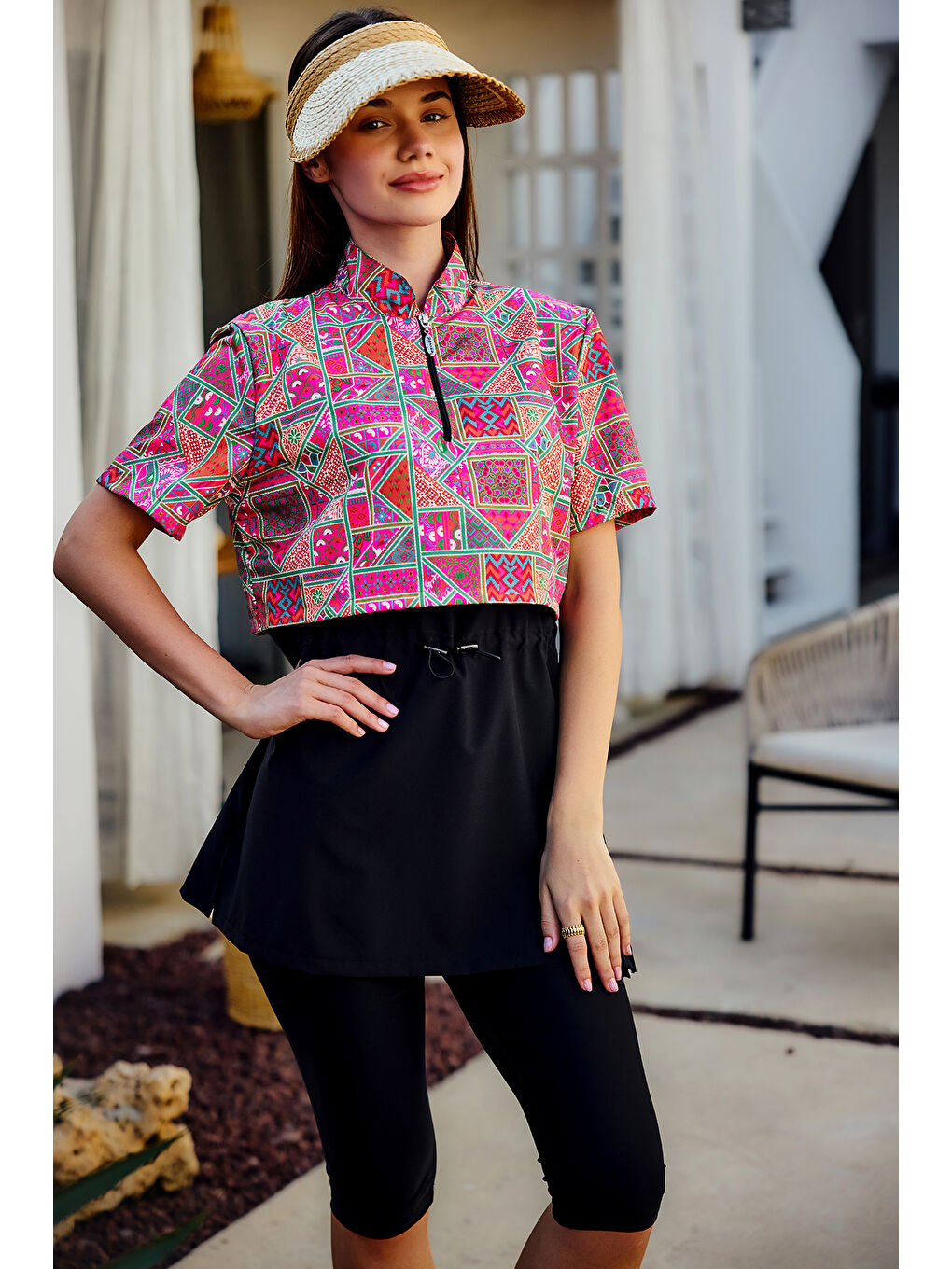 Önü Kapaklı Kısa Kollu Yarı Kapalı Tesettür Mayo Siyah02 R5302