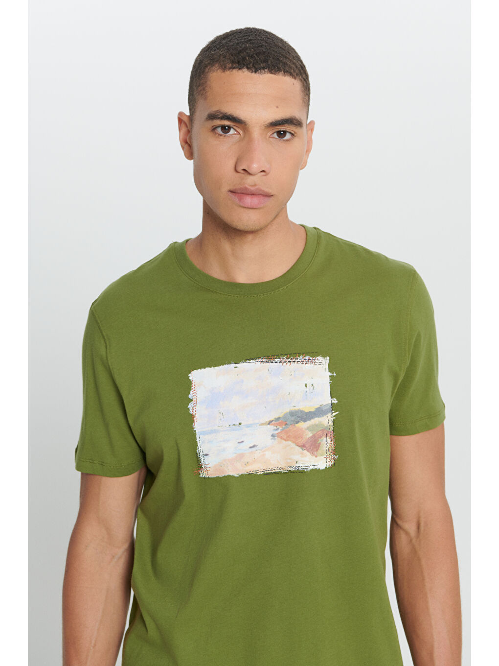 Erkek Haki Standart Fit Normal Kesim %100 Pamuk Baskılı Bisiklet Yaka Tişört-3