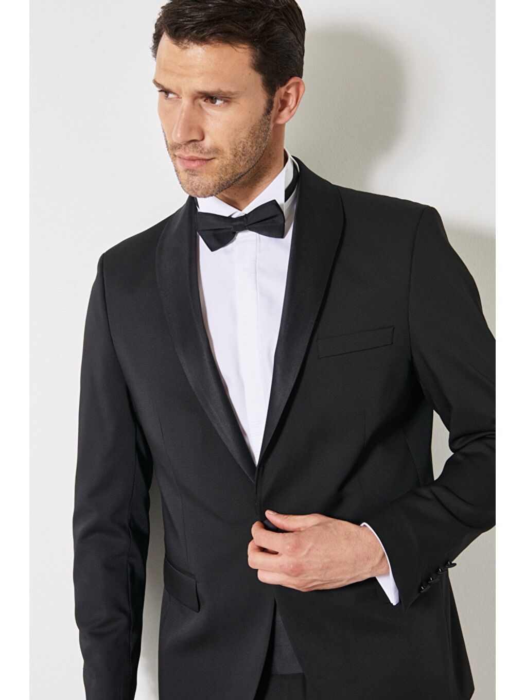 Erkek Siyah Ekstra Slim Fit Dar Kesim Şal Yaka Desenli Damatlık Smokin Takımı-6