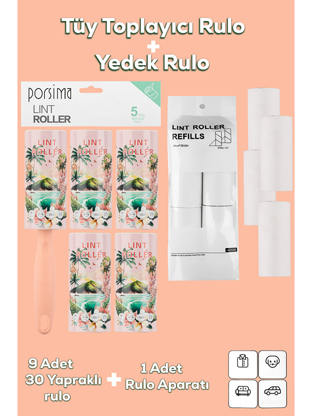 3106 Kedi Köpek Tüy Toplayıcı Rulo + 8 Adet Yedek Rulo Somon