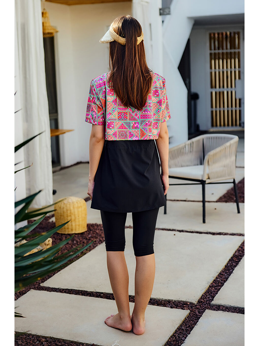 Önü Kapaklı Kısa Kollu Yarı Kapalı Tesettür Mayo Siyah02 R5302-2