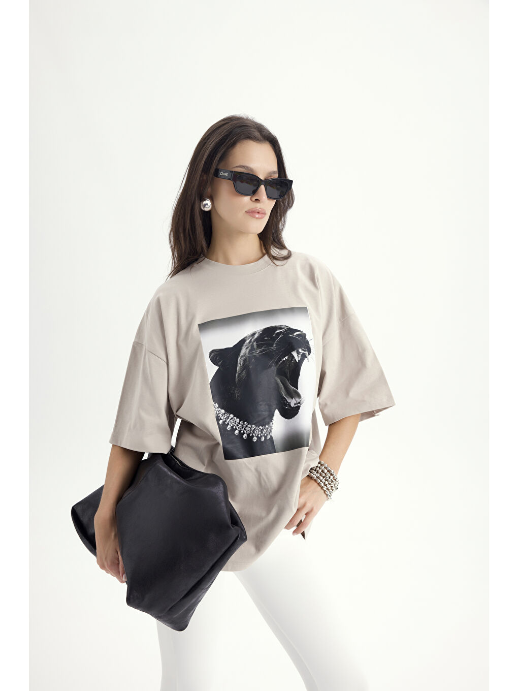 Bej Panthera Oversize Taş T-Shirt