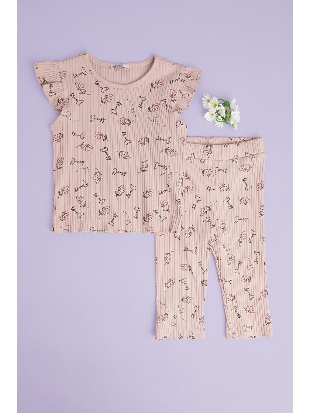 Pembe Fitilli Çiçek Desenli Fırfırlı Kız Çocuk 2 Li Takım