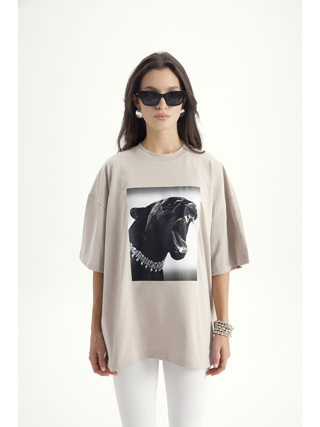 Bej Panthera Oversize Taş T-Shirt-1