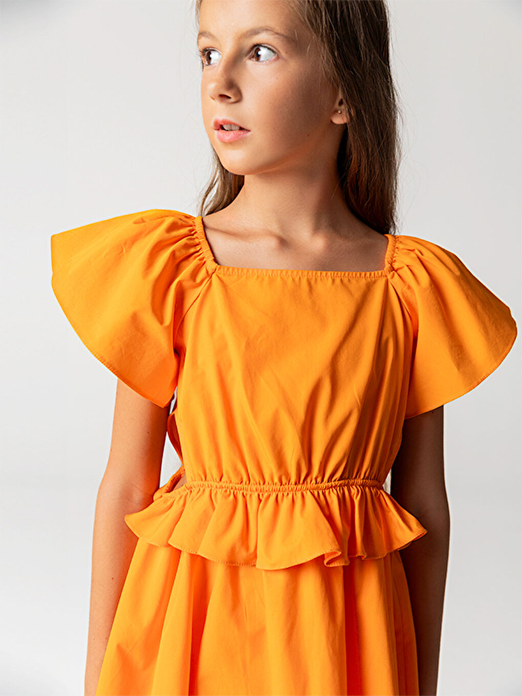 Turuncu Beli Açık Yarım Kollu Pamuklu Kız Çocuk Elbise