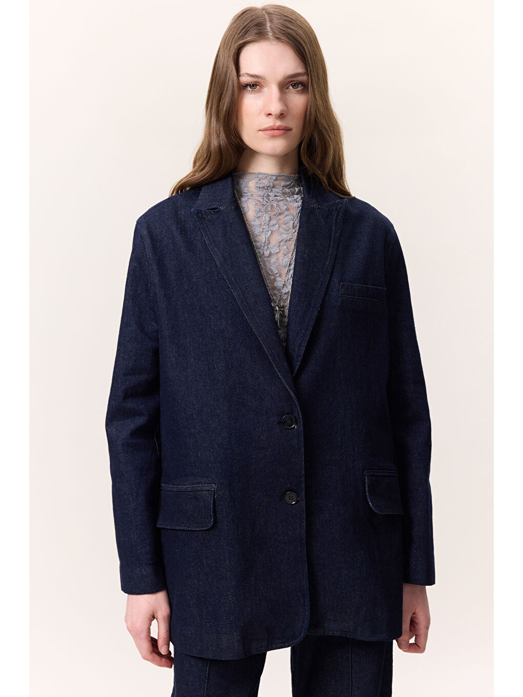 Denım Klasik Blazer Ceket Derin Mavi-4