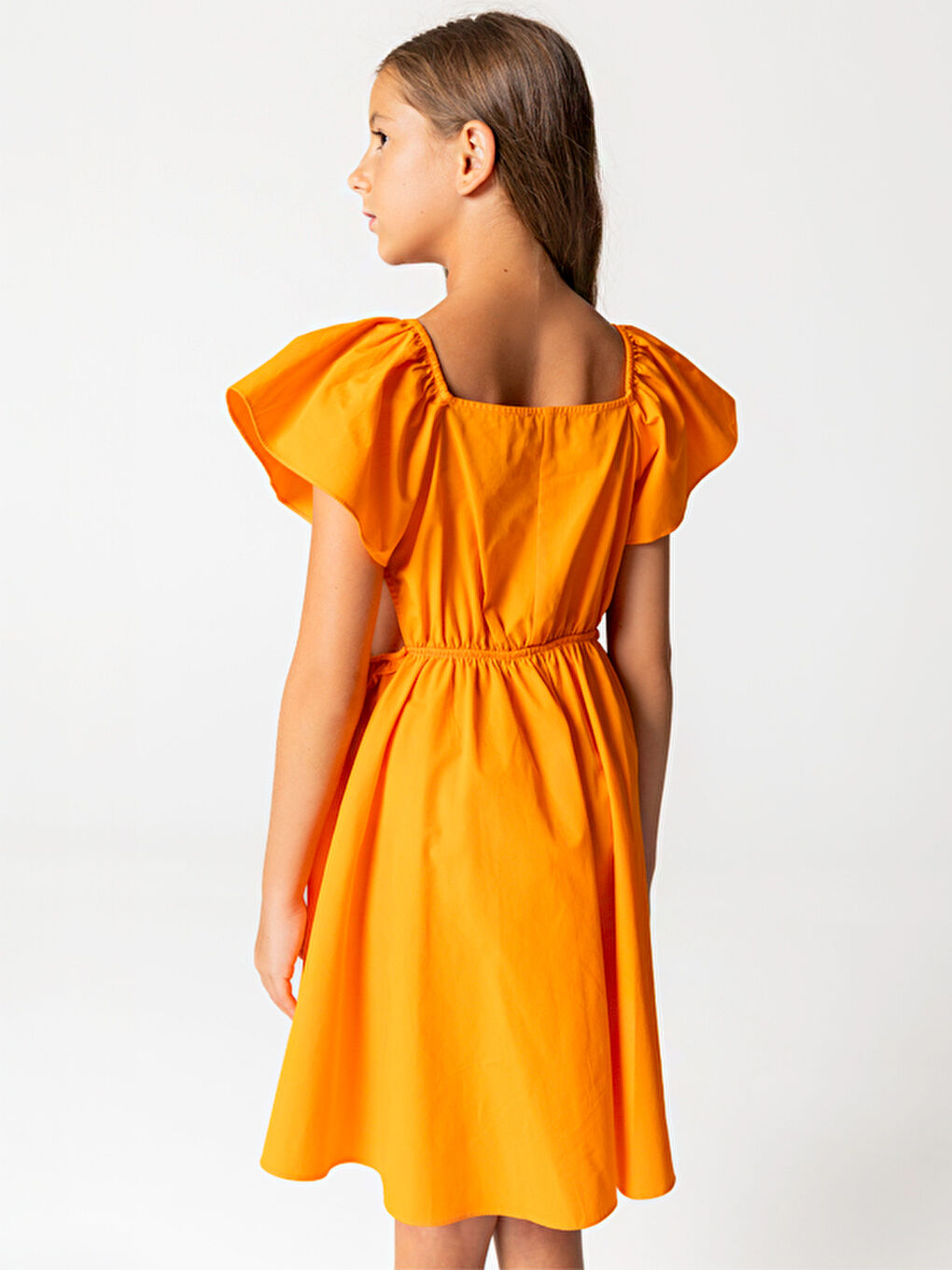 Turuncu Beli Açık Yarım Kollu Pamuklu Kız Çocuk Elbise-1