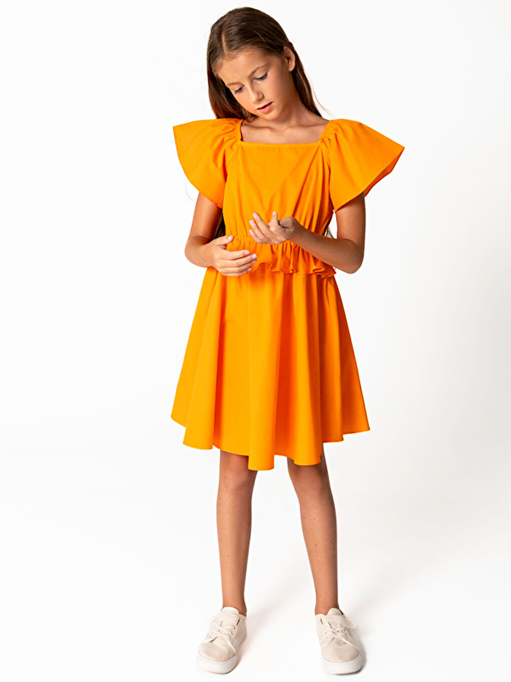Turuncu Beli Açık Yarım Kollu Pamuklu Kız Çocuk Elbise-2