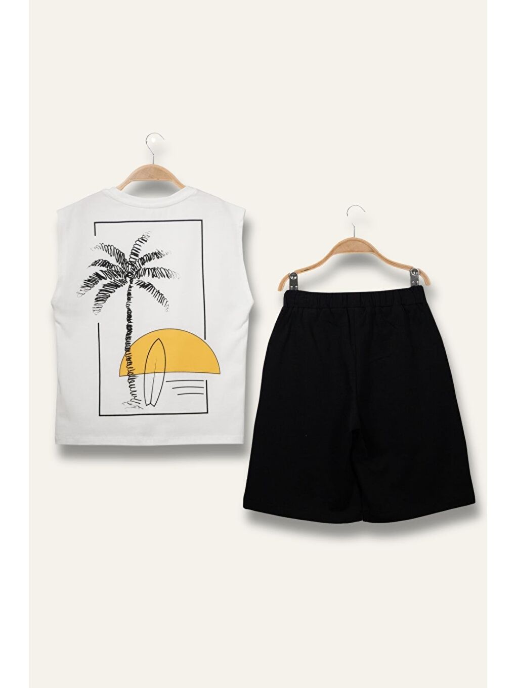 Erkek Çoçuk Sörf Baskılı Atlet Dizaltı Şort Takım - Ekru-1