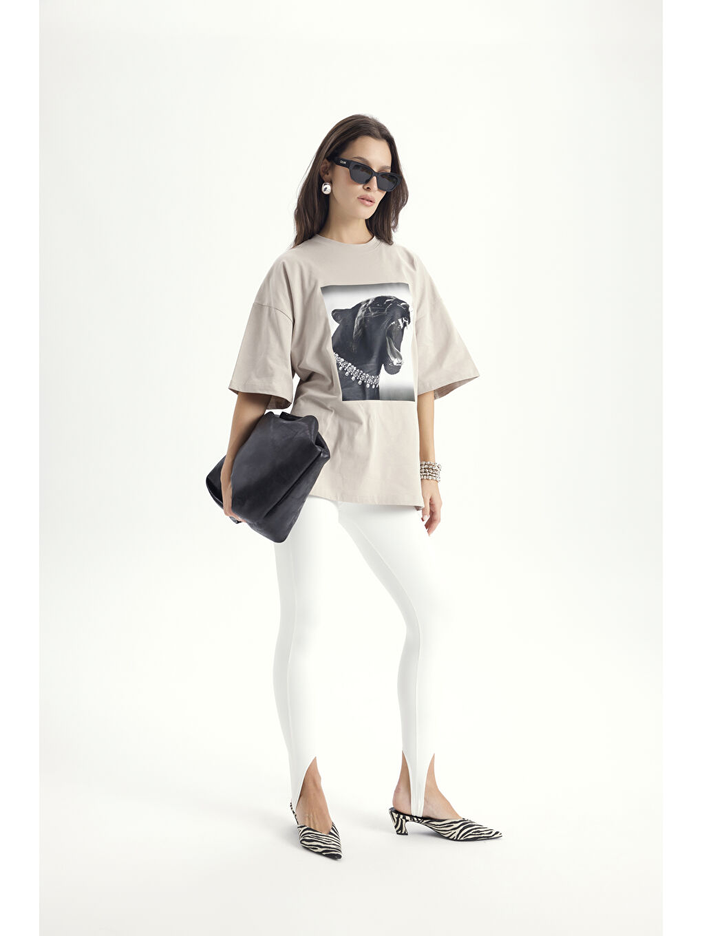 Bej Panthera Oversize Taş T-Shirt-2