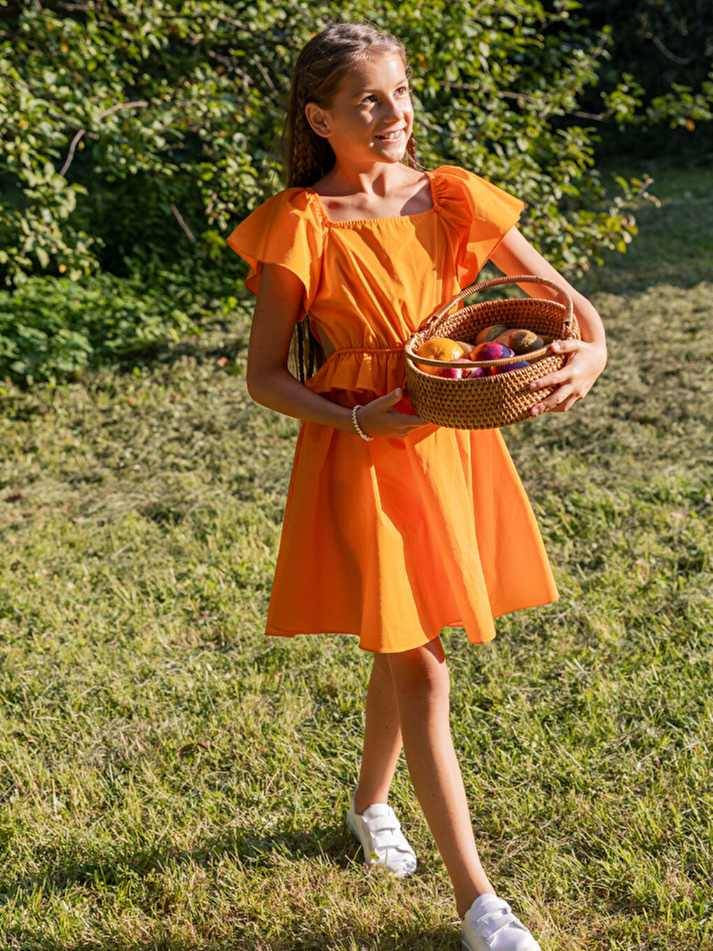 Turuncu Beli Açık Yarım Kollu Pamuklu Kız Çocuk Elbise-3