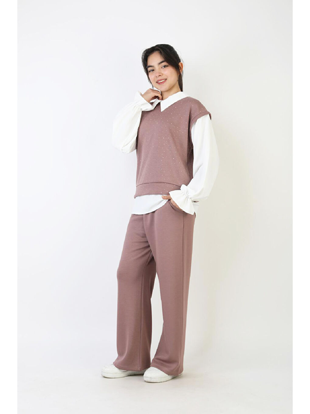 Pembe Kız Çocuk 3'lü Takım - Double Face Kumaş-Taş Süslemeli ve Geniş Paçalı 12509-1