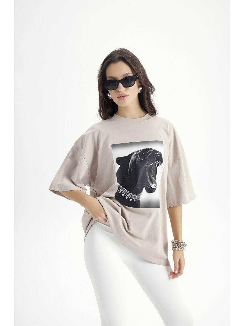 Bej Panthera Oversize Taş T-Shirt-3