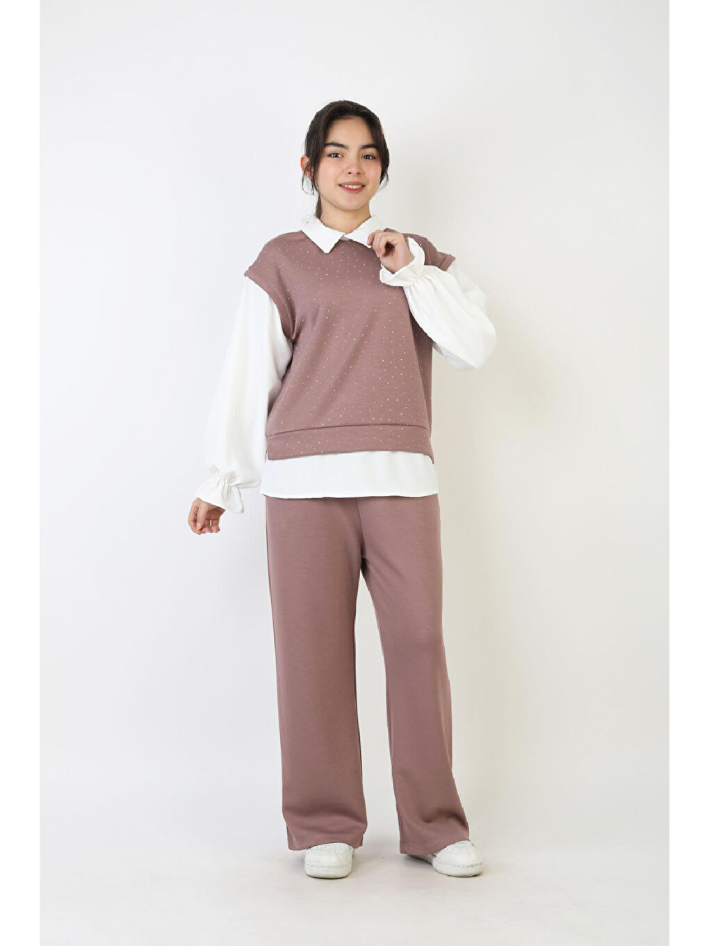 Pembe Kız Çocuk 3'lü Takım - Double Face Kumaş-Taş Süslemeli ve Geniş Paçalı 12509-2