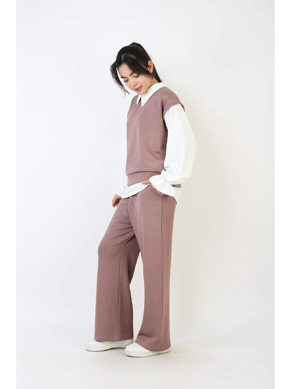 Pembe Kız Çocuk 3'lü Takım - Double Face Kumaş-Taş Süslemeli ve Geniş Paçalı 12509-3