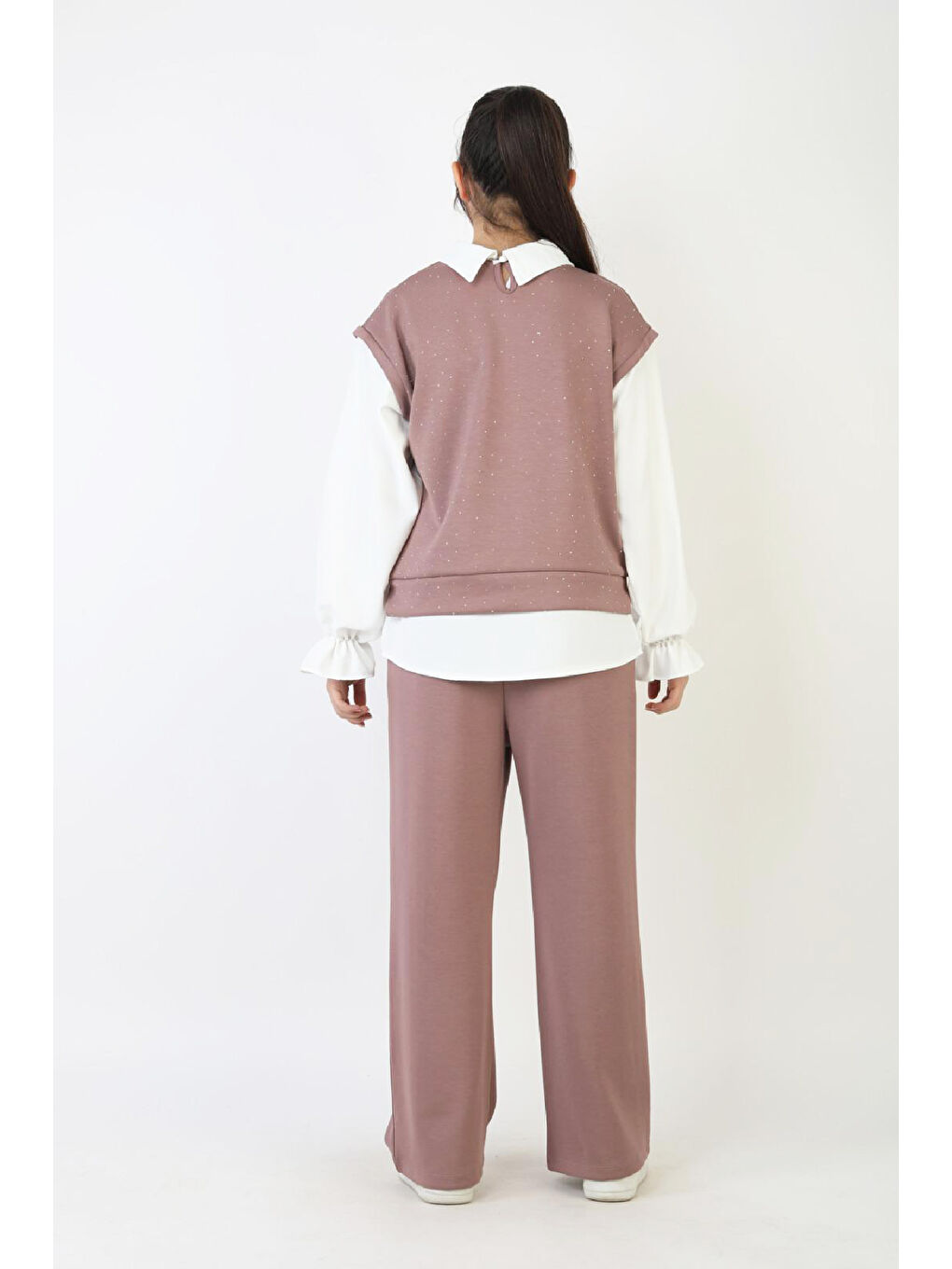 Pembe Kız Çocuk 3'lü Takım - Double Face Kumaş-Taş Süslemeli ve Geniş Paçalı 12509-4