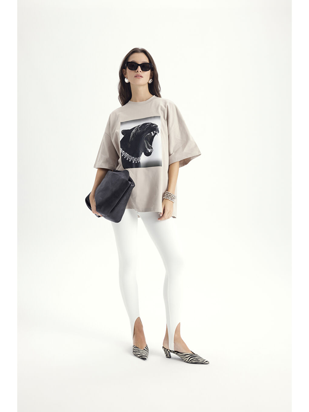 Bej Panthera Oversize Taş T-Shirt-5