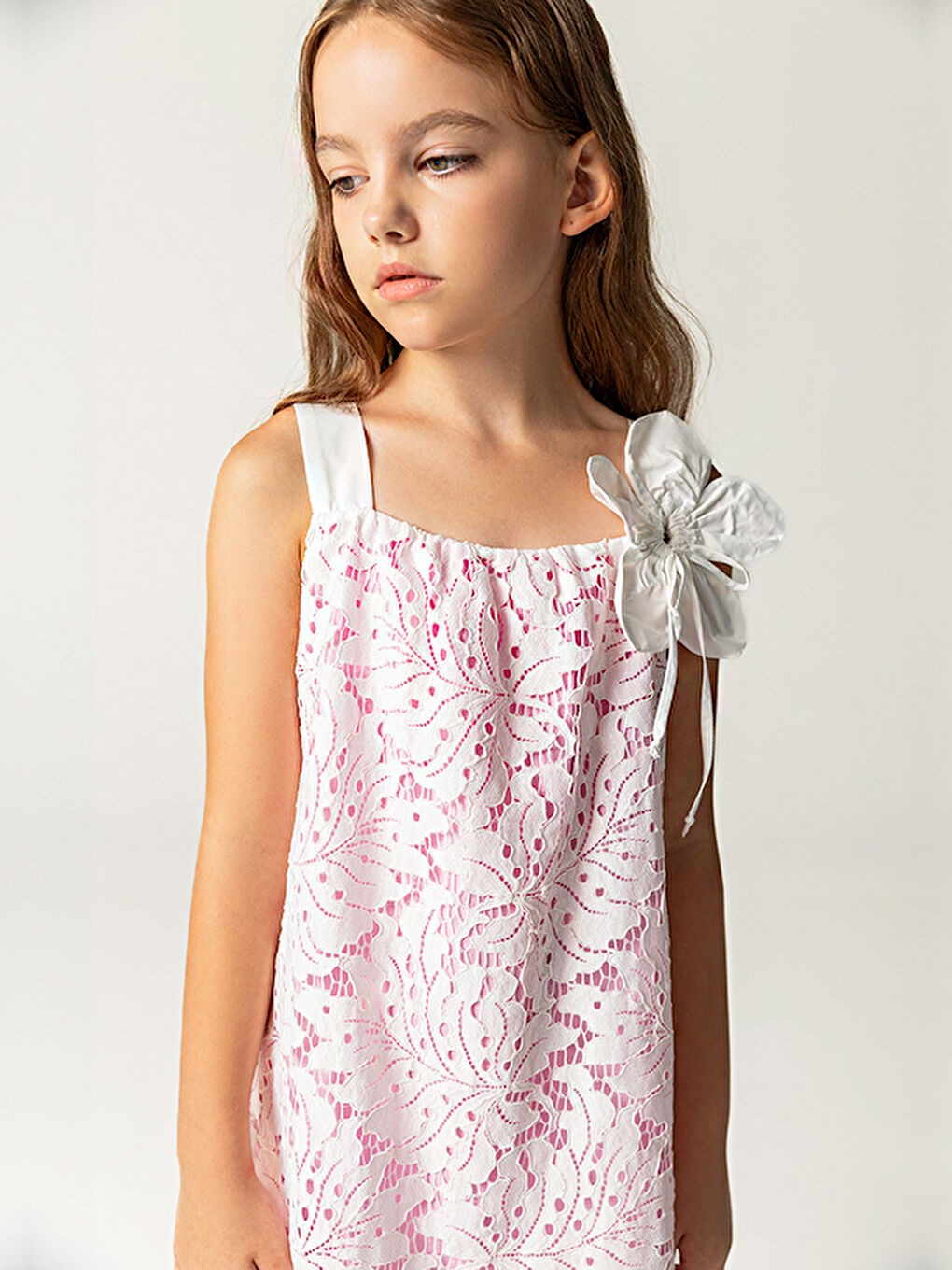 Beyaz Dantel Pembe Pamuk Astarlı Askılı Kız Çocuk Elbise-2