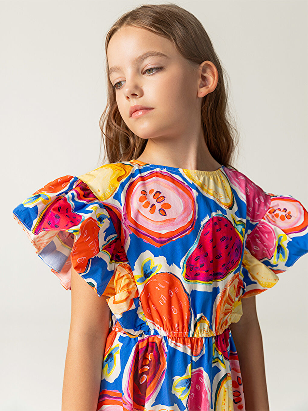 Karışık Desenli Pamuklu Beli Lastikli Kız Çocuk Elbise-2